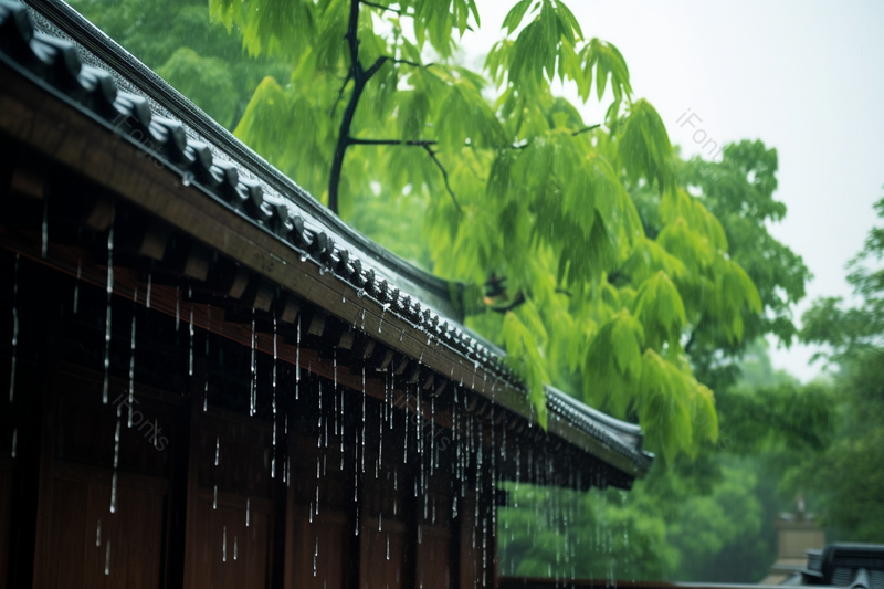 春山新雨春雨下的古建筑和房檐大树,高清,摄影图,摄影图片,图片大全,摄影图免费下载